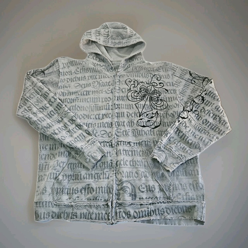 Affliction‎ Zip Up Hoodie Mens XL Gray/Black Y2K Grunge Cross Gothic